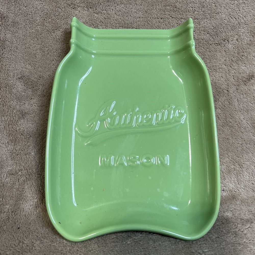 HOME ESSENTIALS LARGE CERAMIC MASON JAR SHAPED SPOON‎ REST GREEN